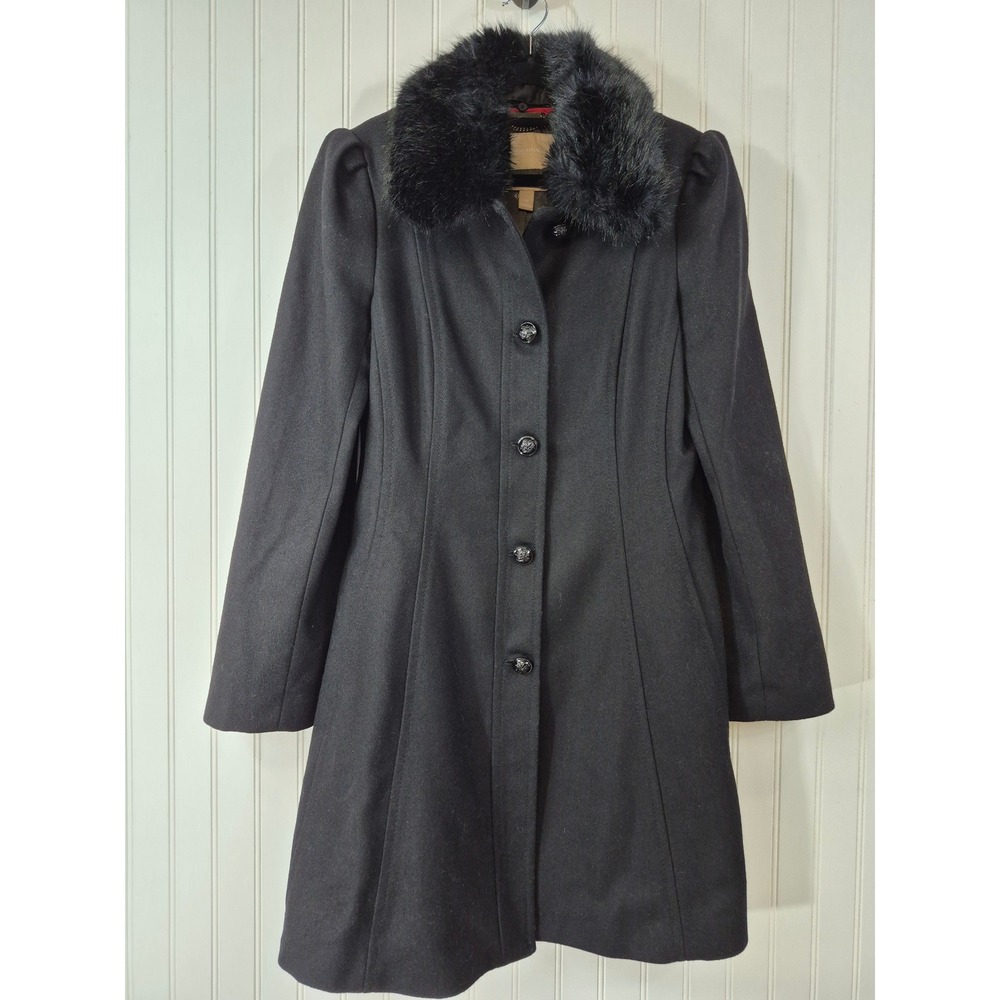 NWOT Banana Republic Black Wool Blend Coat Italian Fabric Faux Fur Collar M